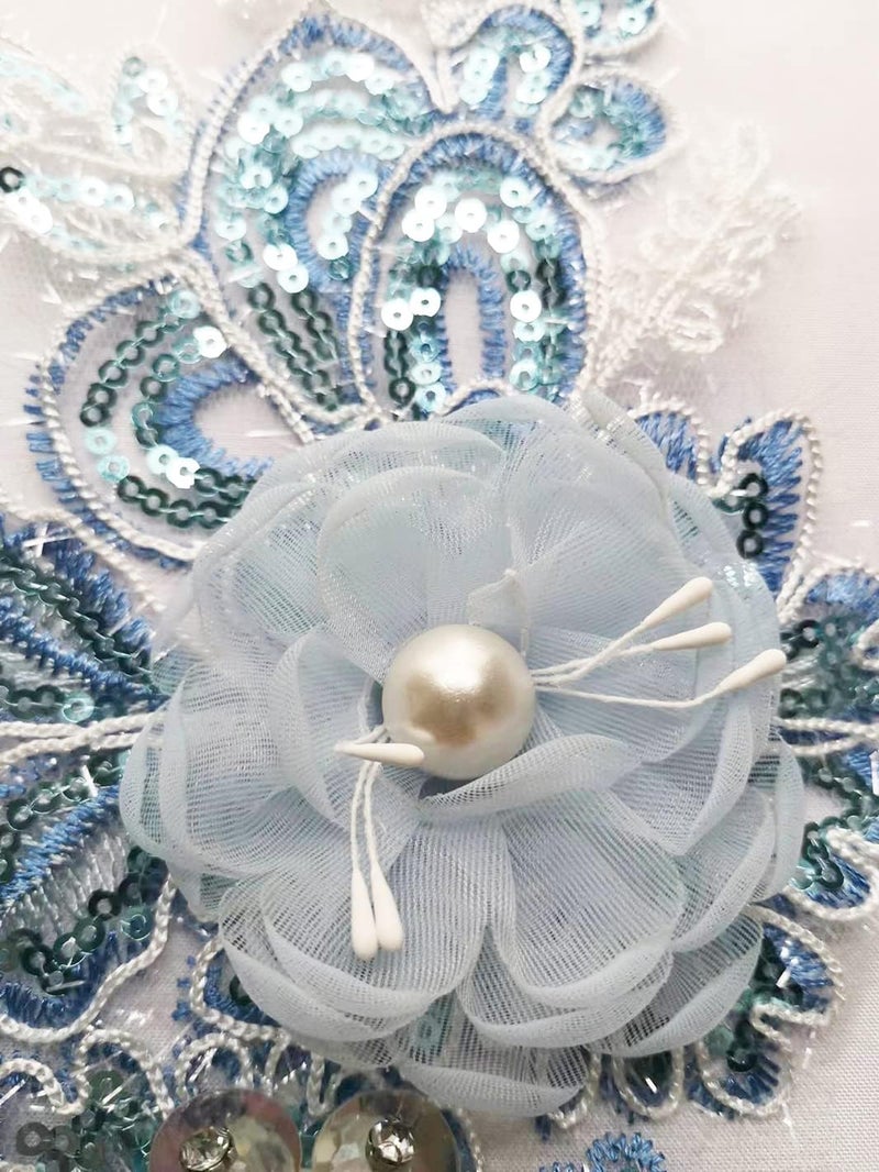 Ruinuo 3D Lace Beads Flower Applique Patches Sew on Patches Floral Embroidered Appliques Colorful Sewing Wedding Dress Handmade Decor Blue - Image 4